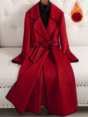 SHEIN Red Belted Trench Coat with Black Piping